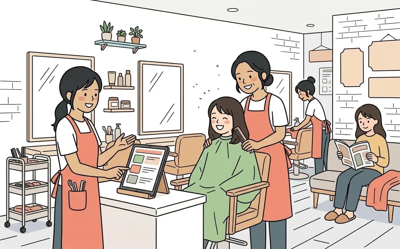 美容室でスタイリストが施術をしながらタブレットの予約画面を案内しているイラスト