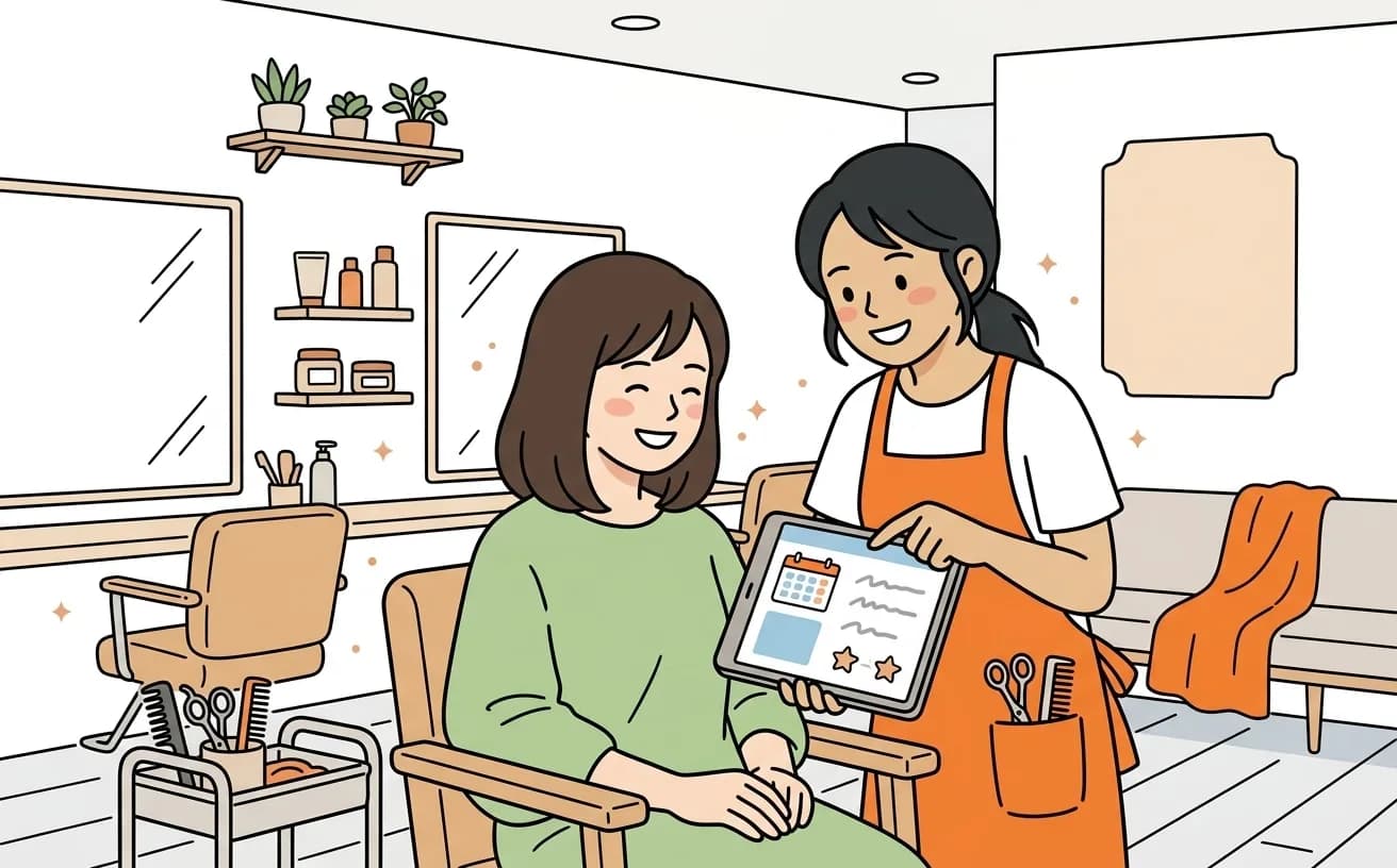 美容室でスタイリストがカルテの来店周期データを見ながらお客にリピート提案をするイラスト