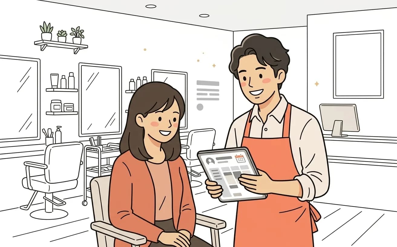 美容室で店長がタブレットの予約システムを見せながら来店客に説明しているイラスト