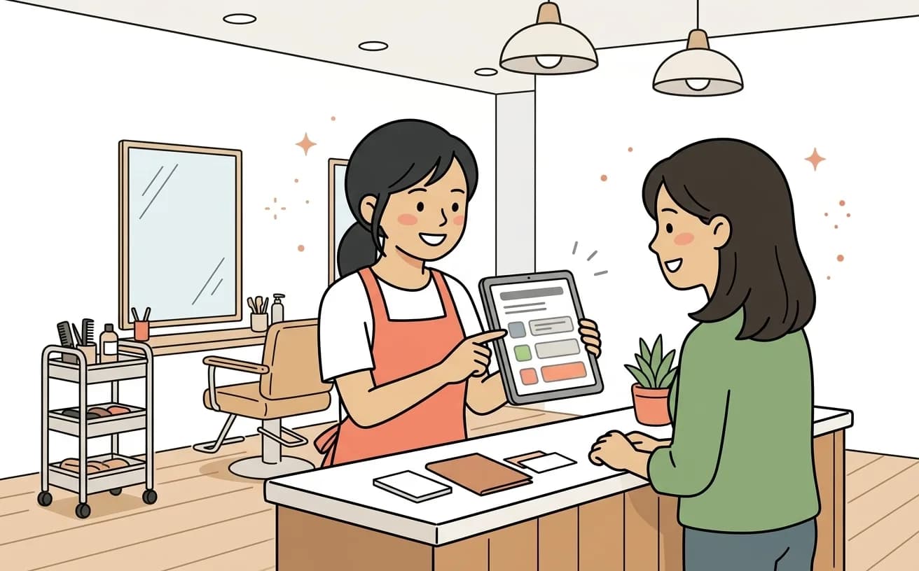 美容室でスタイリストが指名予約画面を来店客に説明しているイラスト