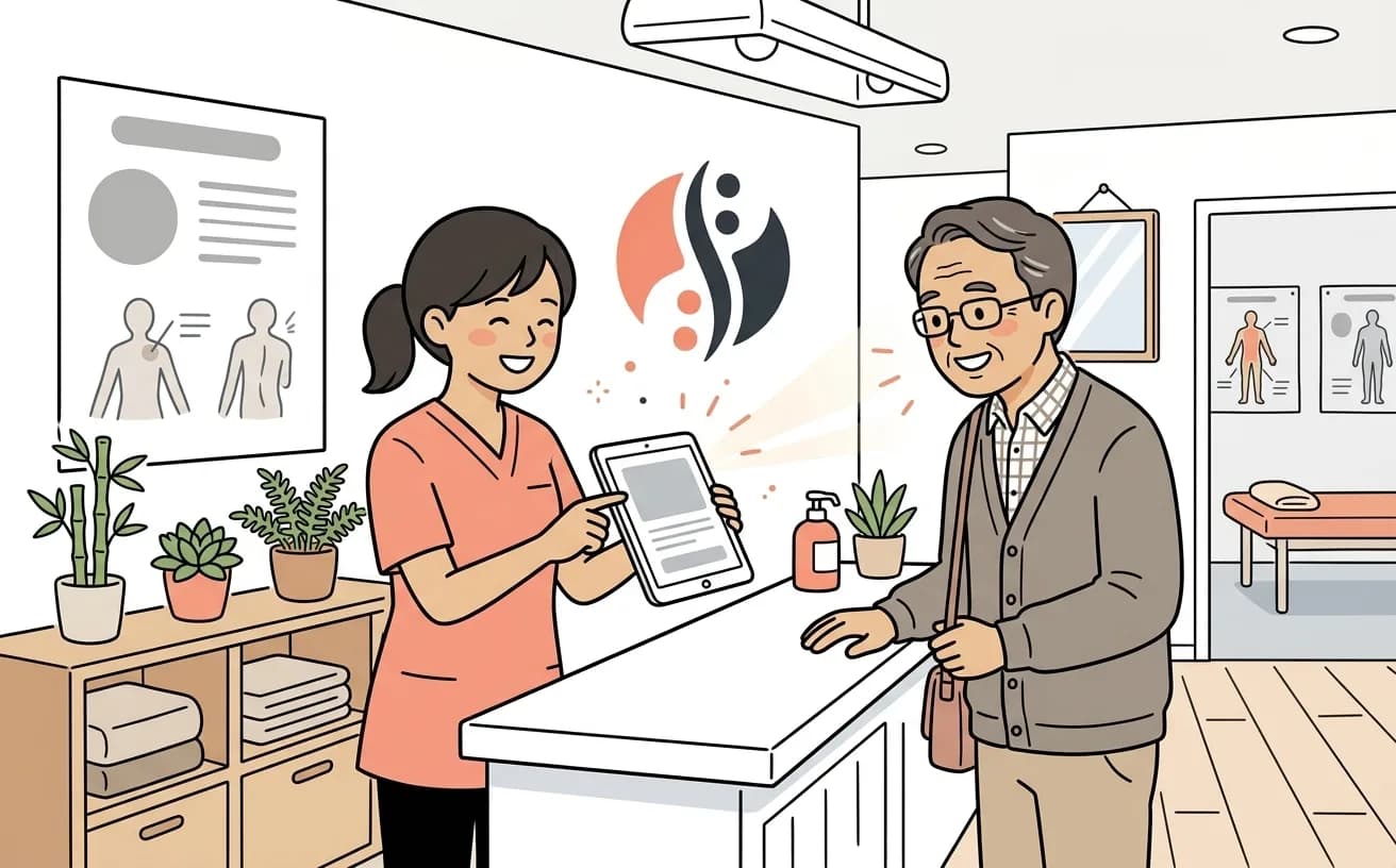 整骨院でスタッフが通院リマインド画面を見ながら患者に次回案内をするイラスト