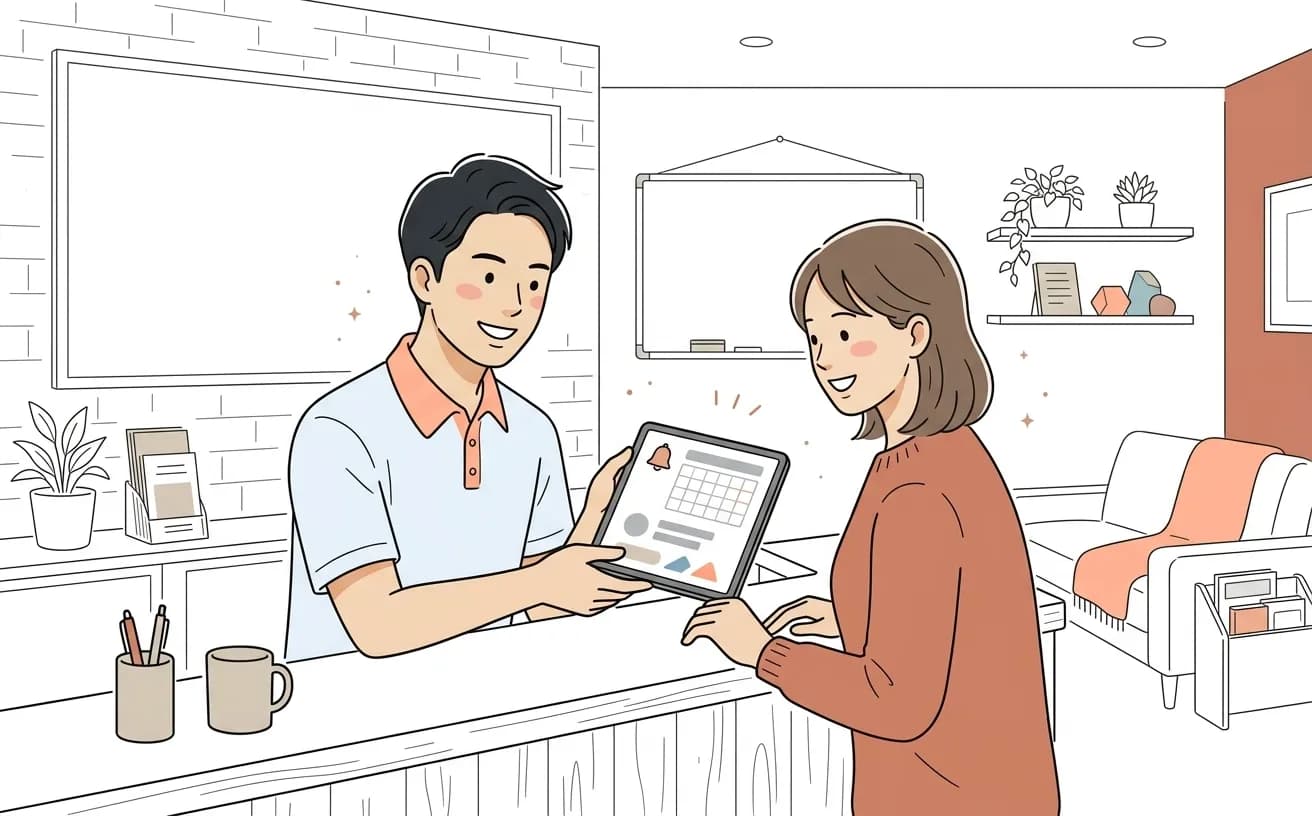 整体院の受付でスタッフがタブレットのリマインド配信画面を確認しているイラスト