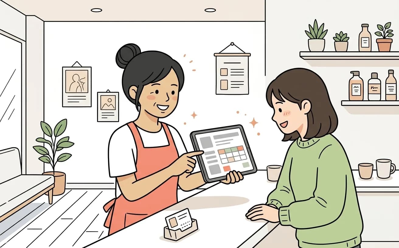店舗でスタッフが初回来店客へのフォロー配信タイミングを確認しているイラスト
