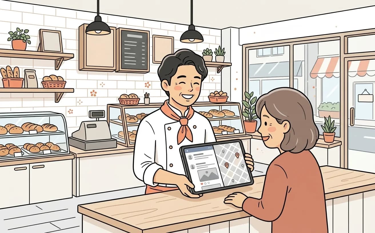 店舗で店主がSNSとGoogleマップの管理画面を見比べているイラスト