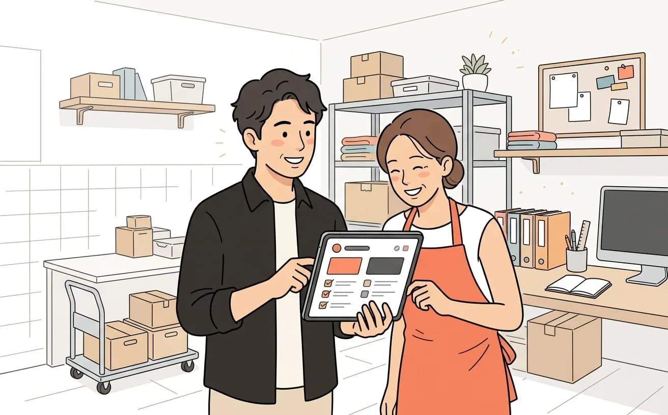 店舗でオーナーとスタッフがCRM導入のチェックリストを確認しているイラスト
