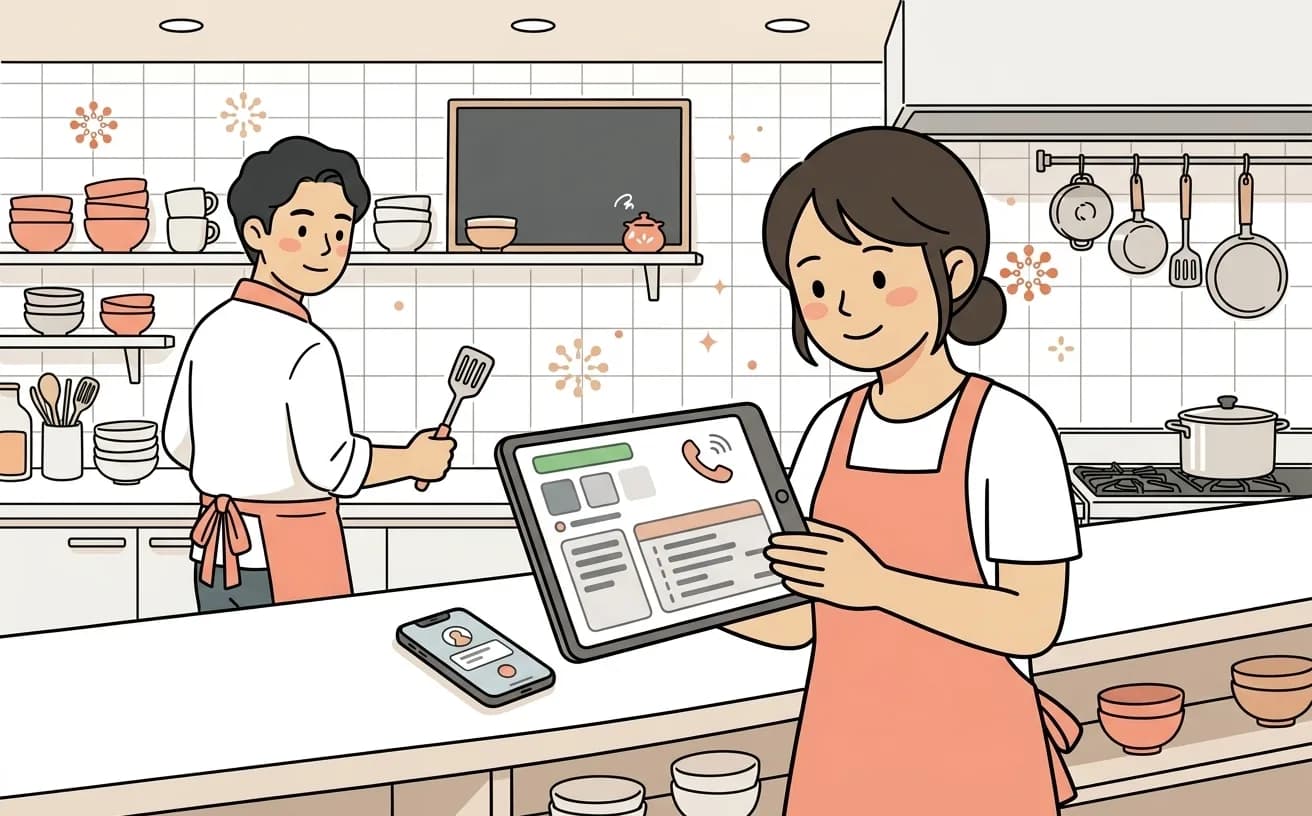 飲食店で店員がAI音声エージェントの電話自動応対画面を確認しているイラスト