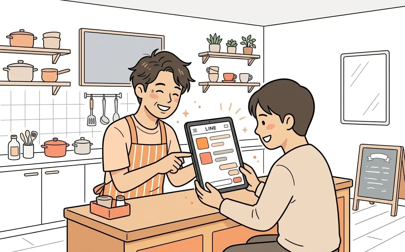 店舗でスタッフがLINE配信画面でリピート促進のクーポン設定を確認しているイラスト