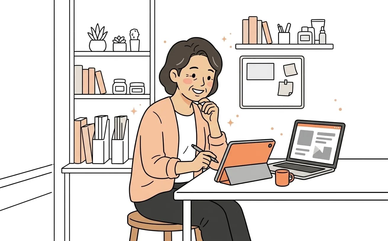 店舗で店主が予約システムの選定をタブレットとノートパソコンで検討しているイラスト